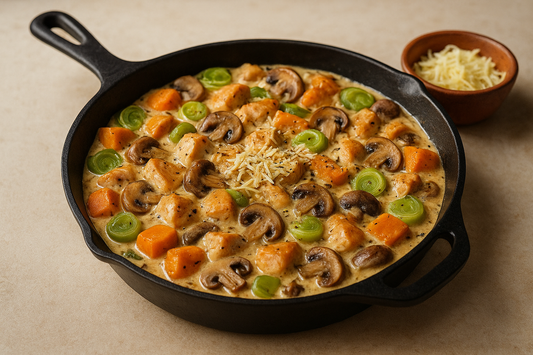 🔥 POÊLÉE CRÉMEUSE DE PATATES DOUCES, POULET, POIREAUX & CHAMPIGNONS AU PARMESAN