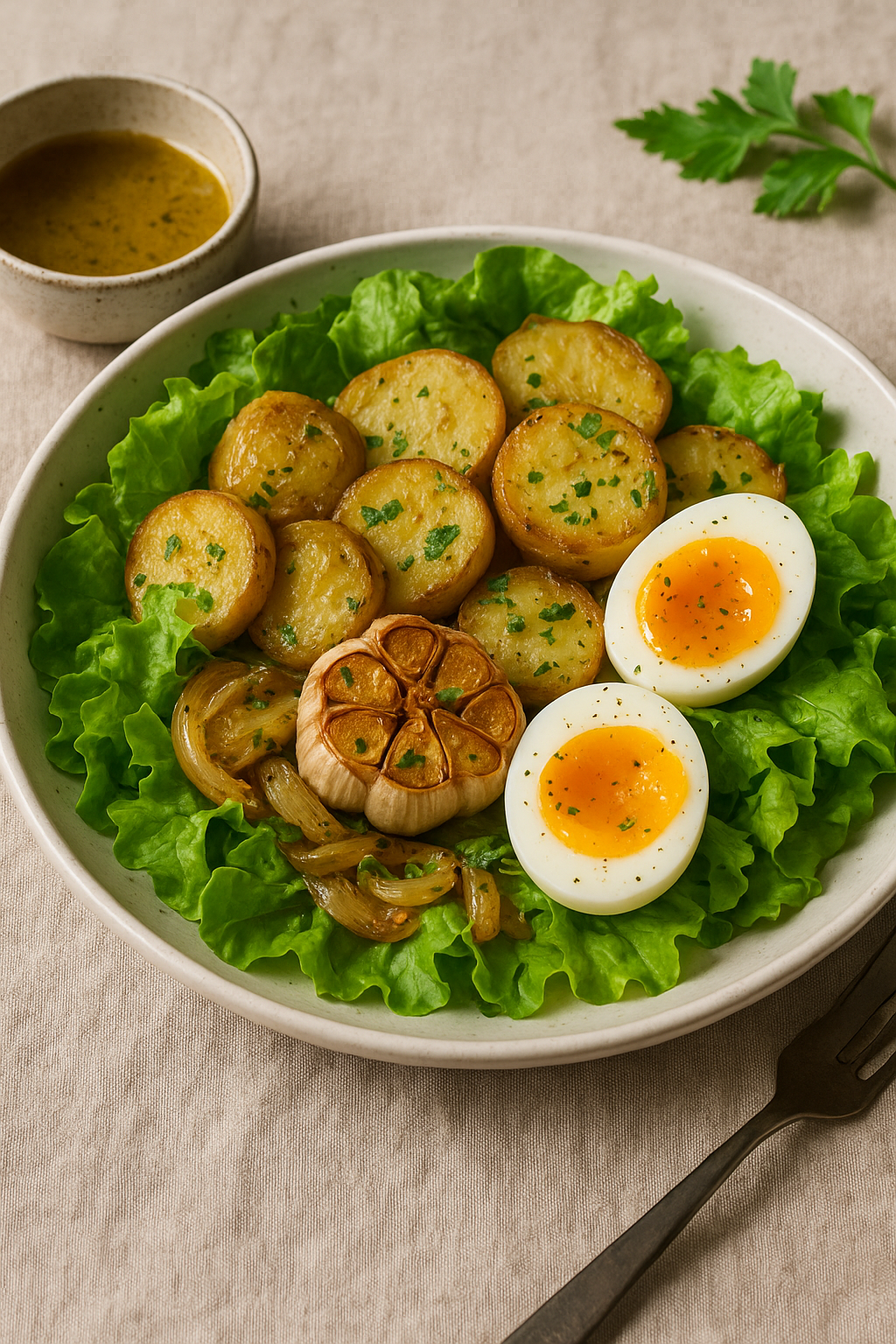 🥗 Salade tiède de pommes de terre confites, œufs mollets & vinaigrette à l’ail rôti