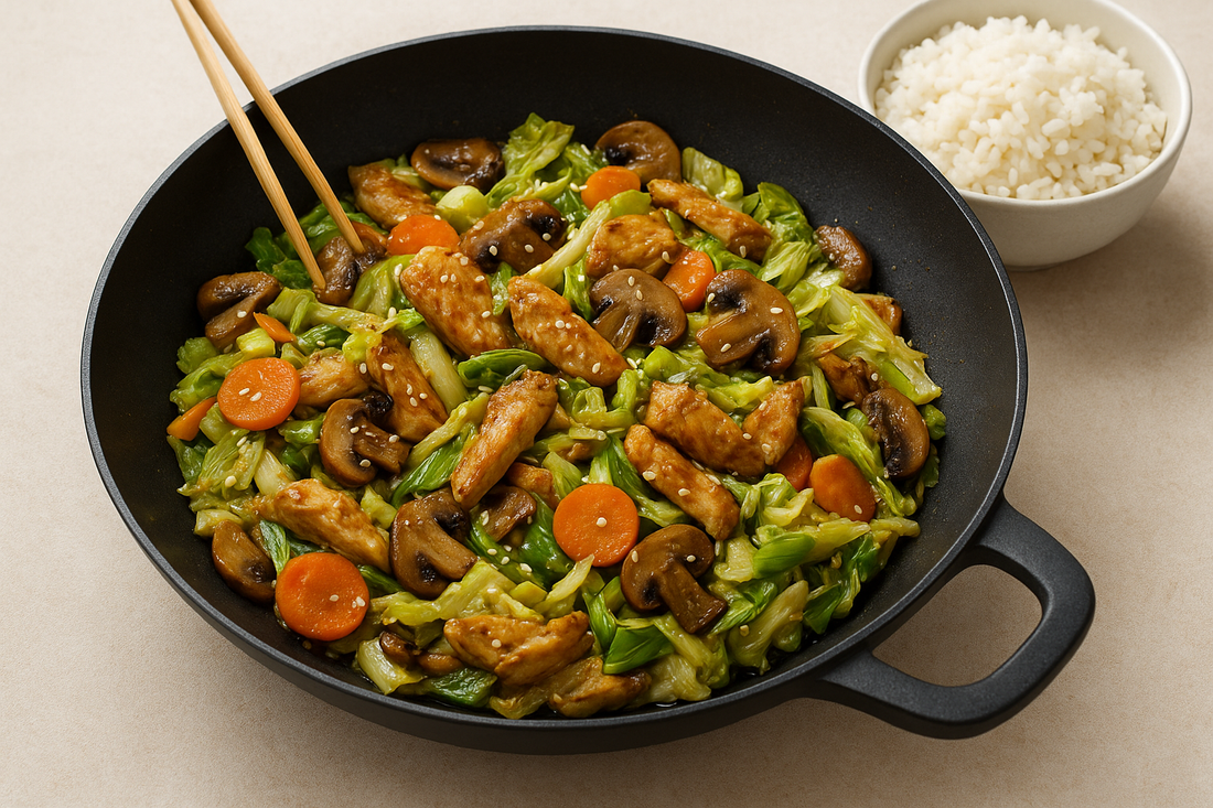 🥢 Wok de chou chinois, poireaux, champignons & poulet